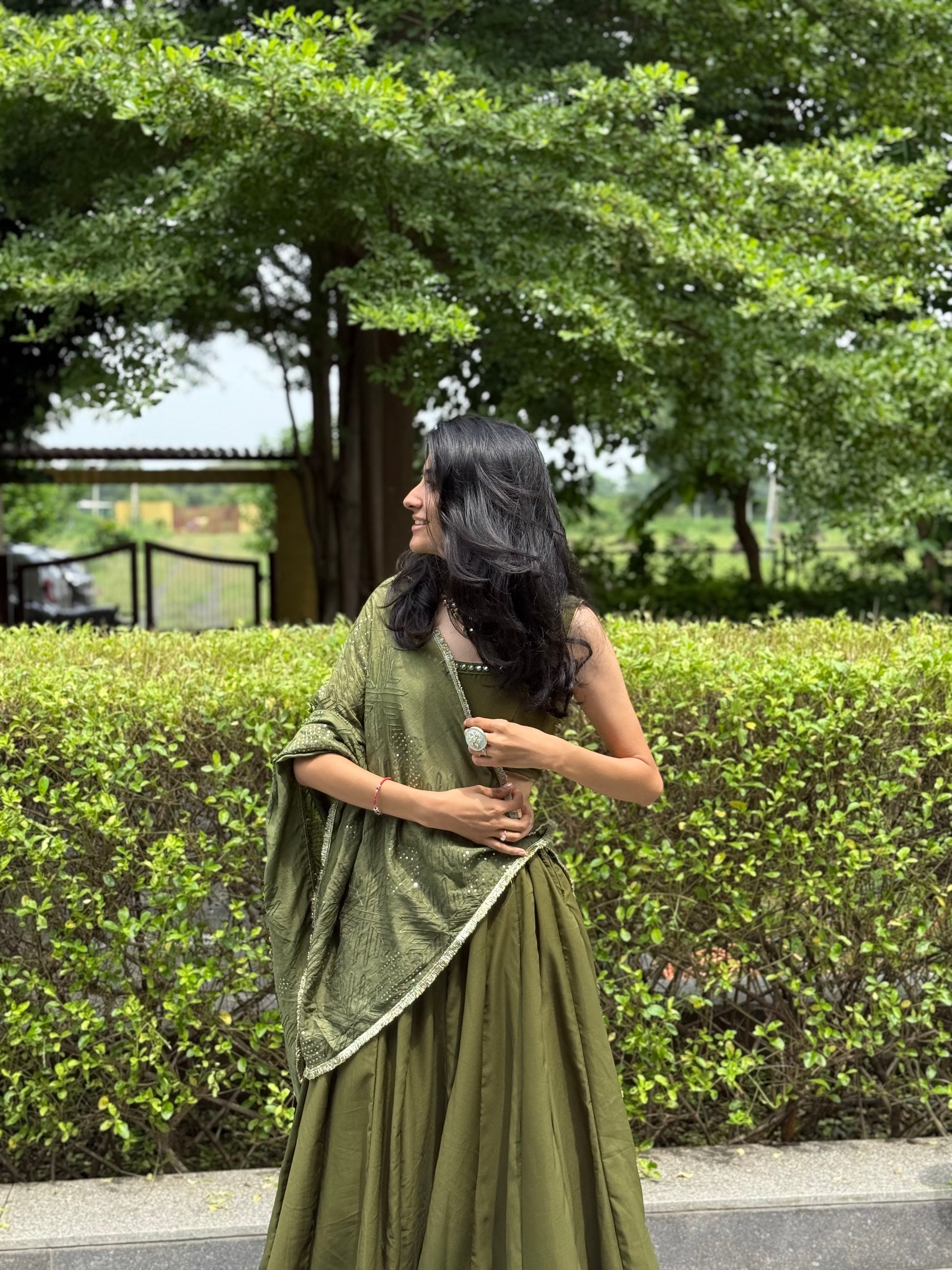 ÉLARA — Feminine Dream Shade: Olive Moss Green Choli Set