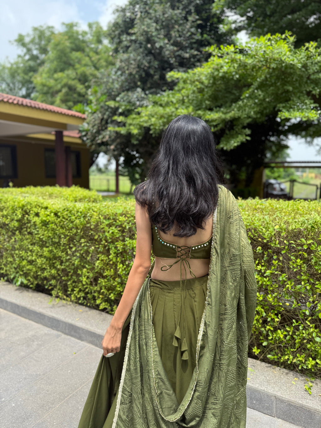 ÉLARA — Feminine Dream Shade: Olive Moss Green Choli Set