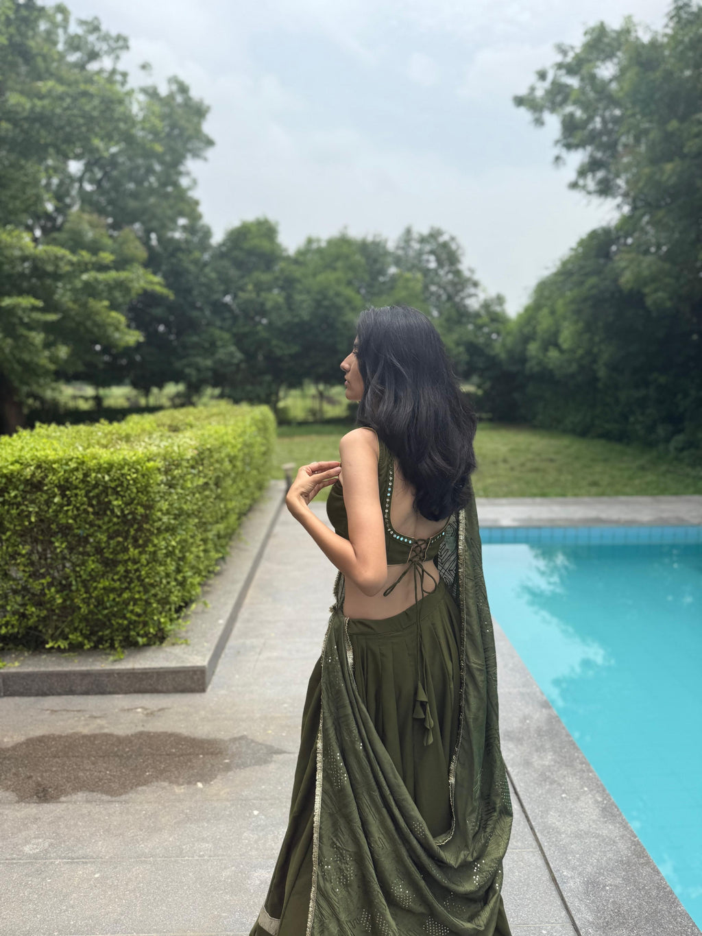 ÉLARA - Feminine Dream Shade: Olive Moss Green Choli Set